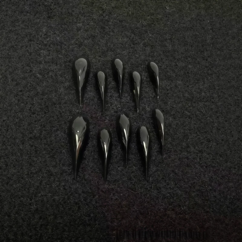 2026New 10PCS High-gloss pure black ultra-long pointed nail stickers for manicure, reusable handmade female fake nails