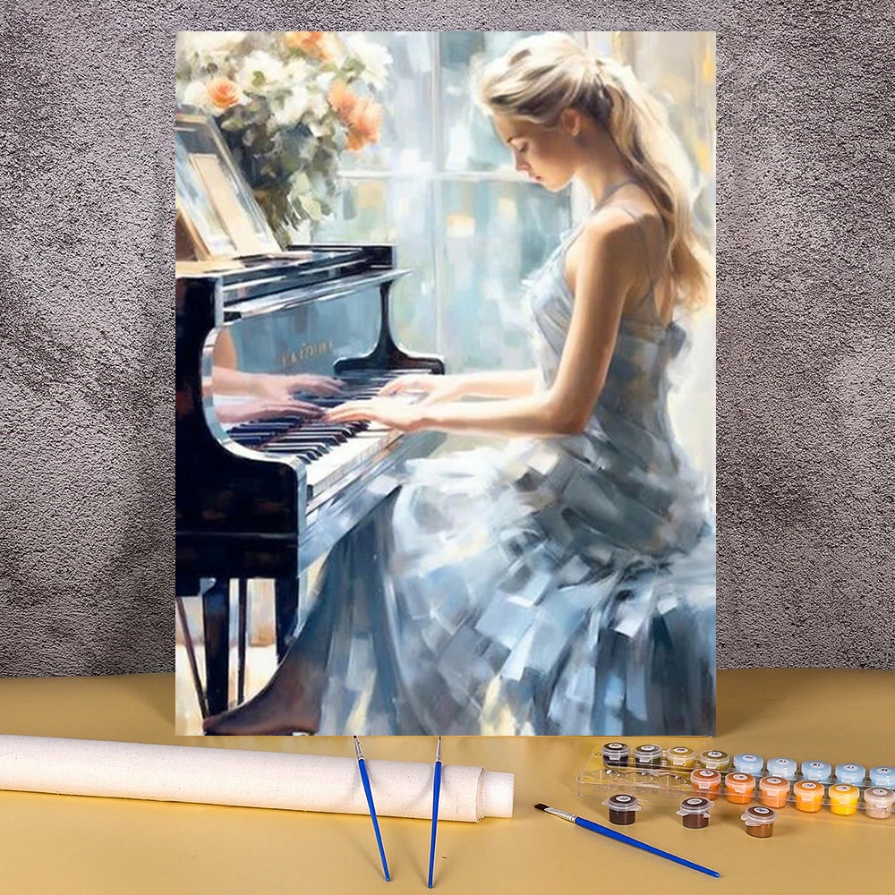 

Frameless Painting By Numbers Piano Girl Hand Painted Painting Drawing On Canvas Gift DIY Pictures By Number Kits Home Decor