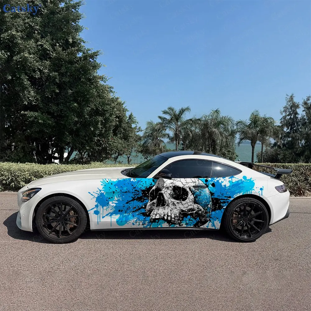 

2pcs Blue Graffiti Skeleton Car Sticker Full Body Decal Decoration Scratches Protect Car Sticker Waterproof Car Vinyl Wraps