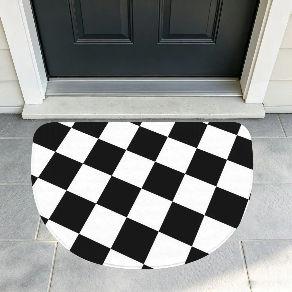 Checkered Squares Printing Flannel Half Round Doormat Non Slip Bathroom Mat Absorbent Floor Carpet for Laundry Room Bathroom