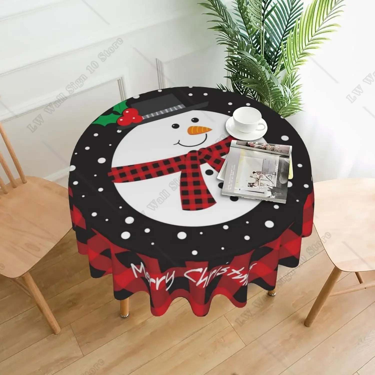 

Merry Christmas Snowman Tablecloth Snowflake Round Table Cover Washable Table Cloth for Kitchen Party Dining Decor 60 Inch