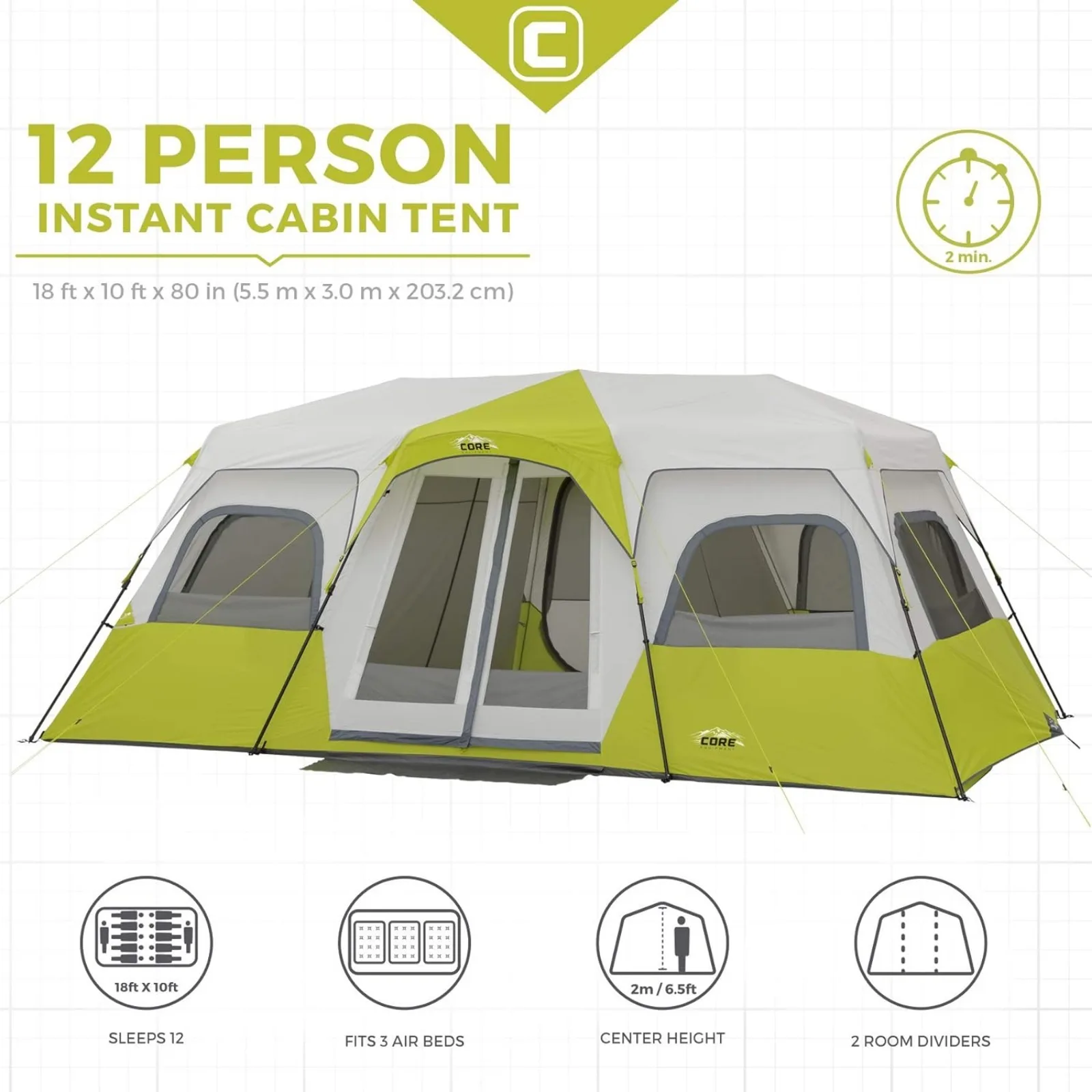 US 12 Person Instant Cabin Tent | 3 Room Huge Tent for Family with Storage Pockets for Camping Accessories