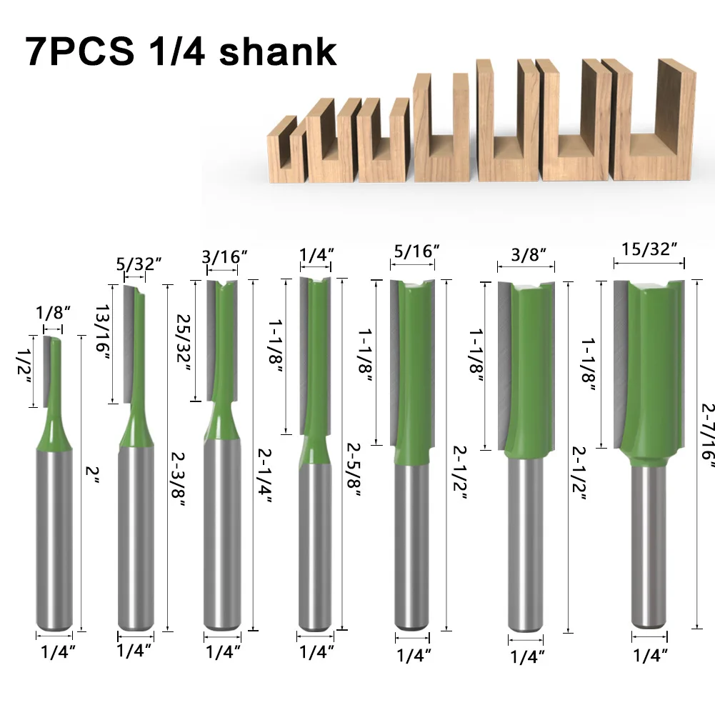 A17Z 7Pcs 1/4 Inch Shank Single Double Flute Straight Bit Milling Cutter for Wood Router Bit Woodwork Tool