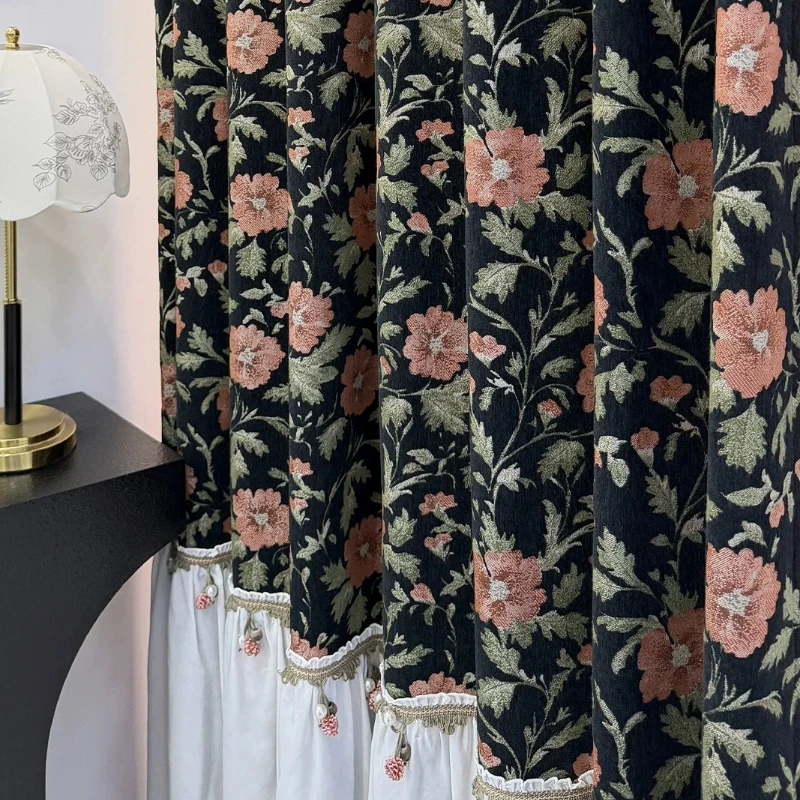 New American Retro Black Chenille Skirt Stitching Curtains for Living Room Bedroom French Window Balcony Customized Finished