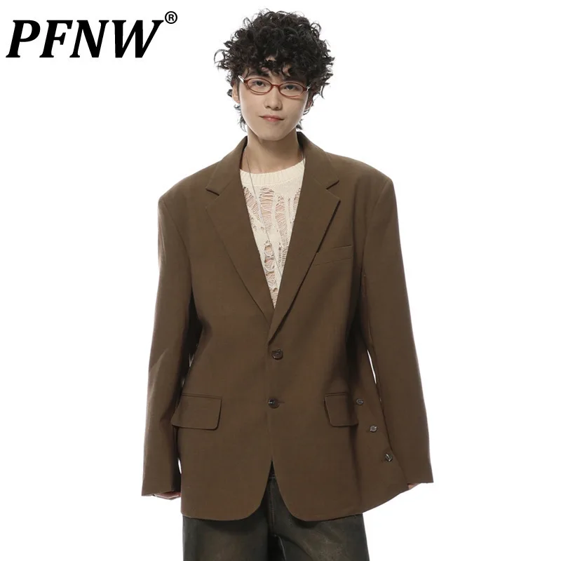 PFNW New Autumn Men\'s Blazers Loose Side Buttons Single Breasted Business Casual Solid Color Male Suit Jackets Simple 28W3910