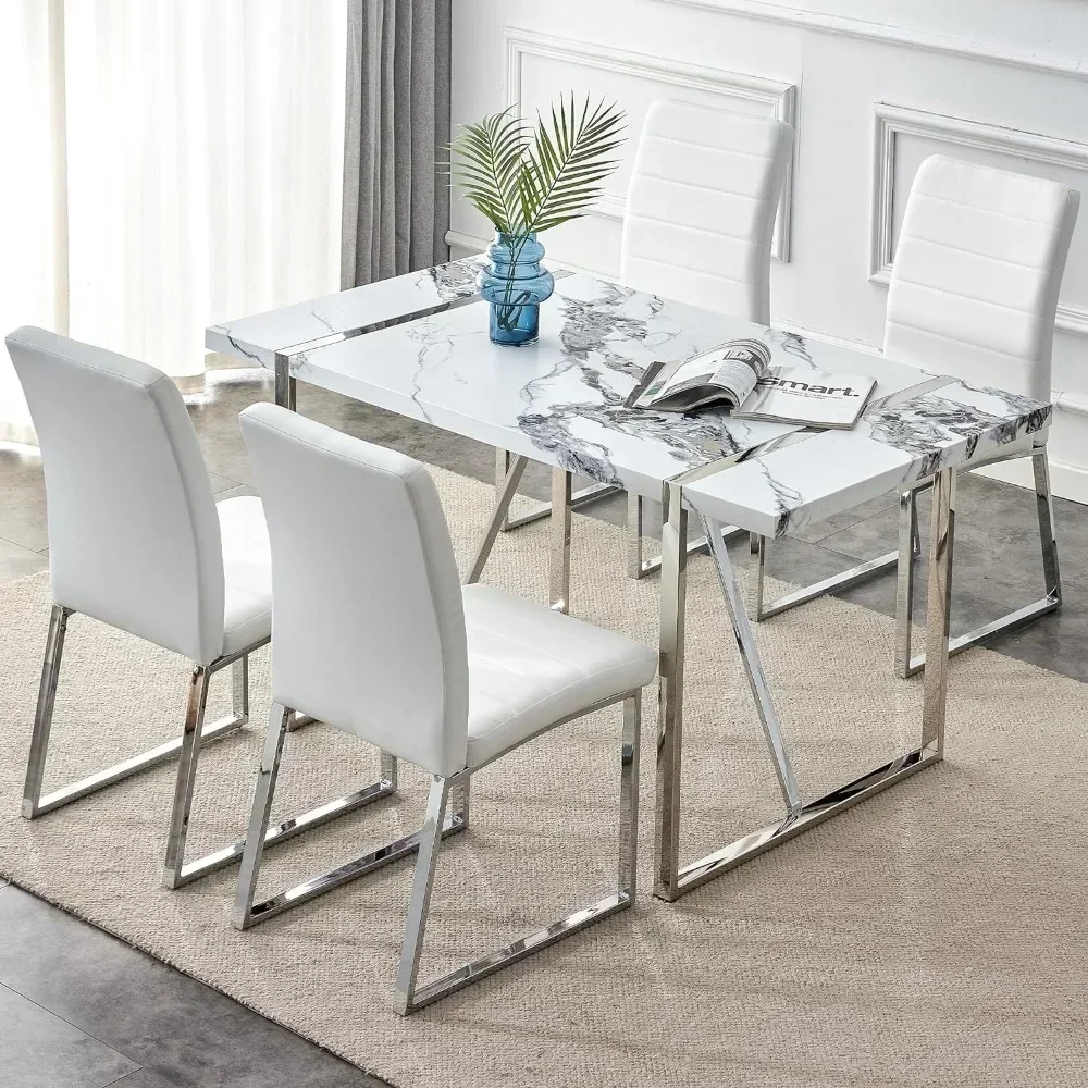 TAO Modern Set, 55 Inch Faux Marble Kitchen 4 People, Rectangular Dinner Small Spaces, Dining Room, Home Office, Easy Assembly