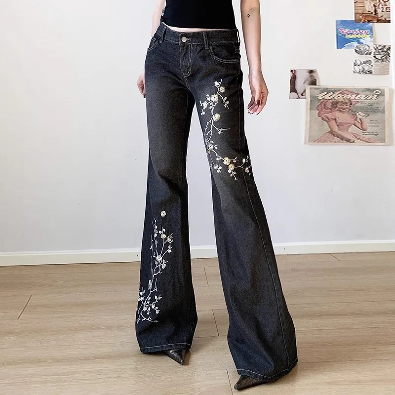 Preto cinza flor bordado longo alargamento jeans feminino vintage magro calças jeans y2k chique calças de cintura baixa calças jeans femininas
