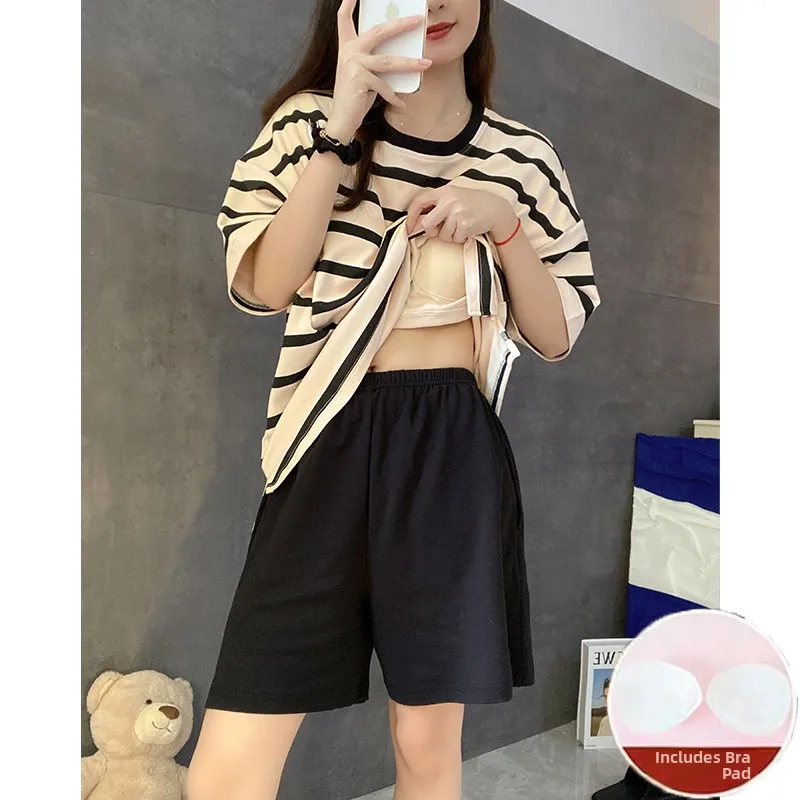 Thin Summer Sleepwear Set Women's Loose Home Clothes Striped Outerwear Popular Internet Red Chest Pad Included 2024 New Arrival