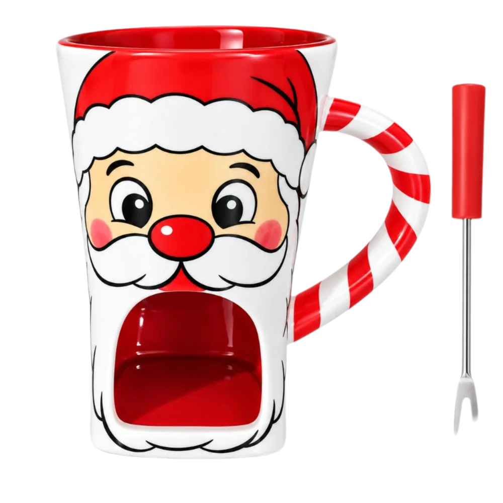 Ceramic Christmas Chocolate Fondue Cup T Shape with 2 Fork Butter Warmer Pot Double Handle Mini Tea Light Cheese Melting Pot