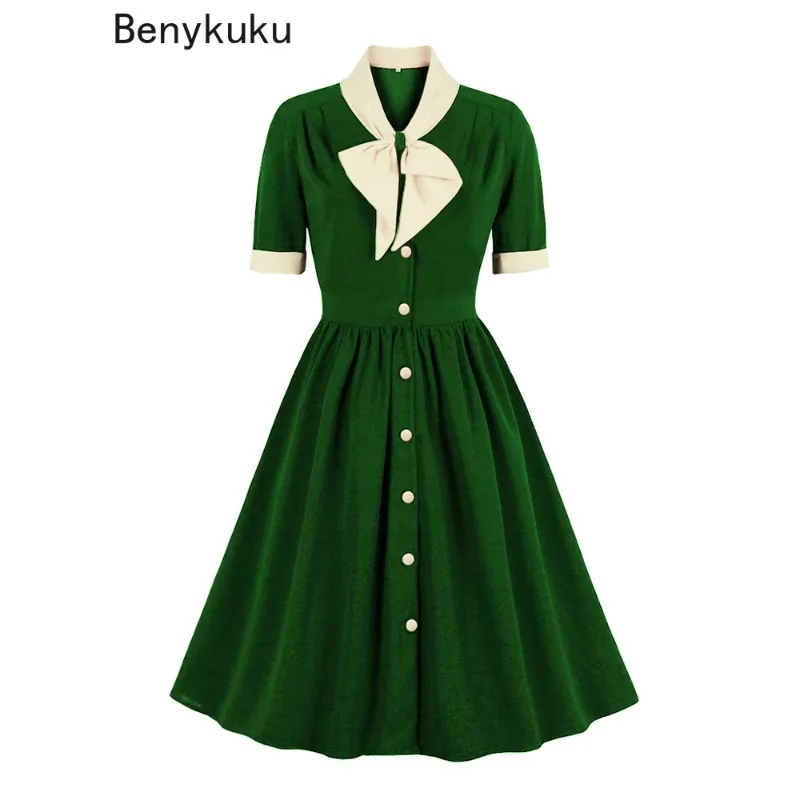 

Vintage Bow Neck 50s 60s Robes High Waist Pleated Swing Dress 2024 Summer Women Clothes Elegant Retro Party Wear Ladies Dresses