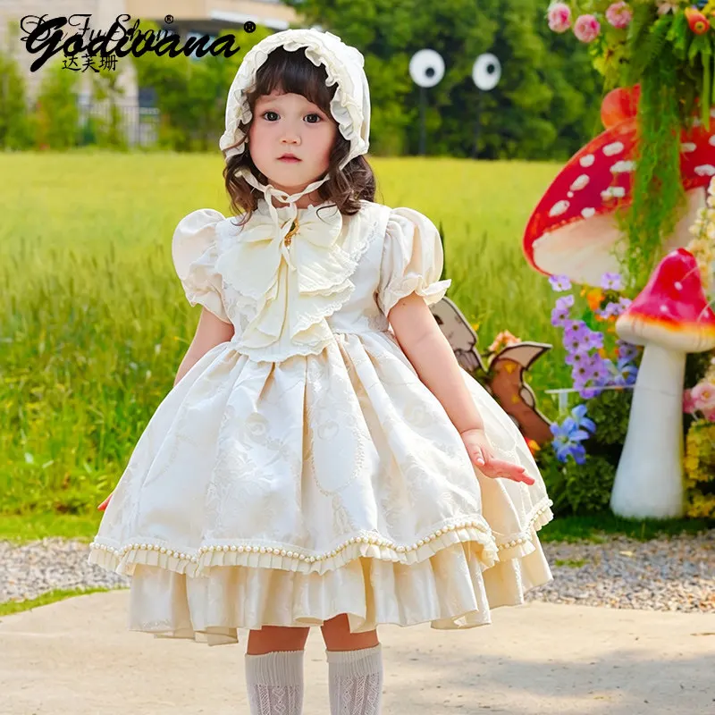 

Sweet Baby Girls 2026 New Summer Birthday Party Dress Kids Heavy Embroidery Chic Bubble Sleeve Lace Trim Bow Pearls Ball Gown