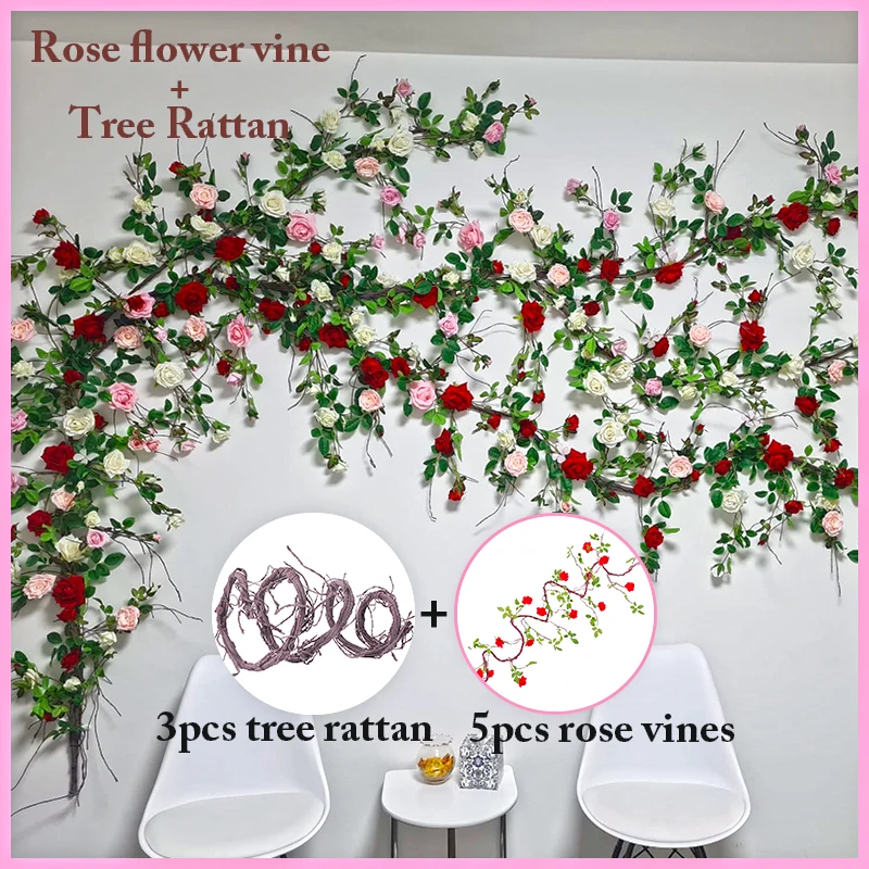 Set Rose Flowers Tree Plants Fake Branch Artificial Flor Suit With Leaf DIY Wedding Home Wall Hang Backdrop Garden Mariage Decor