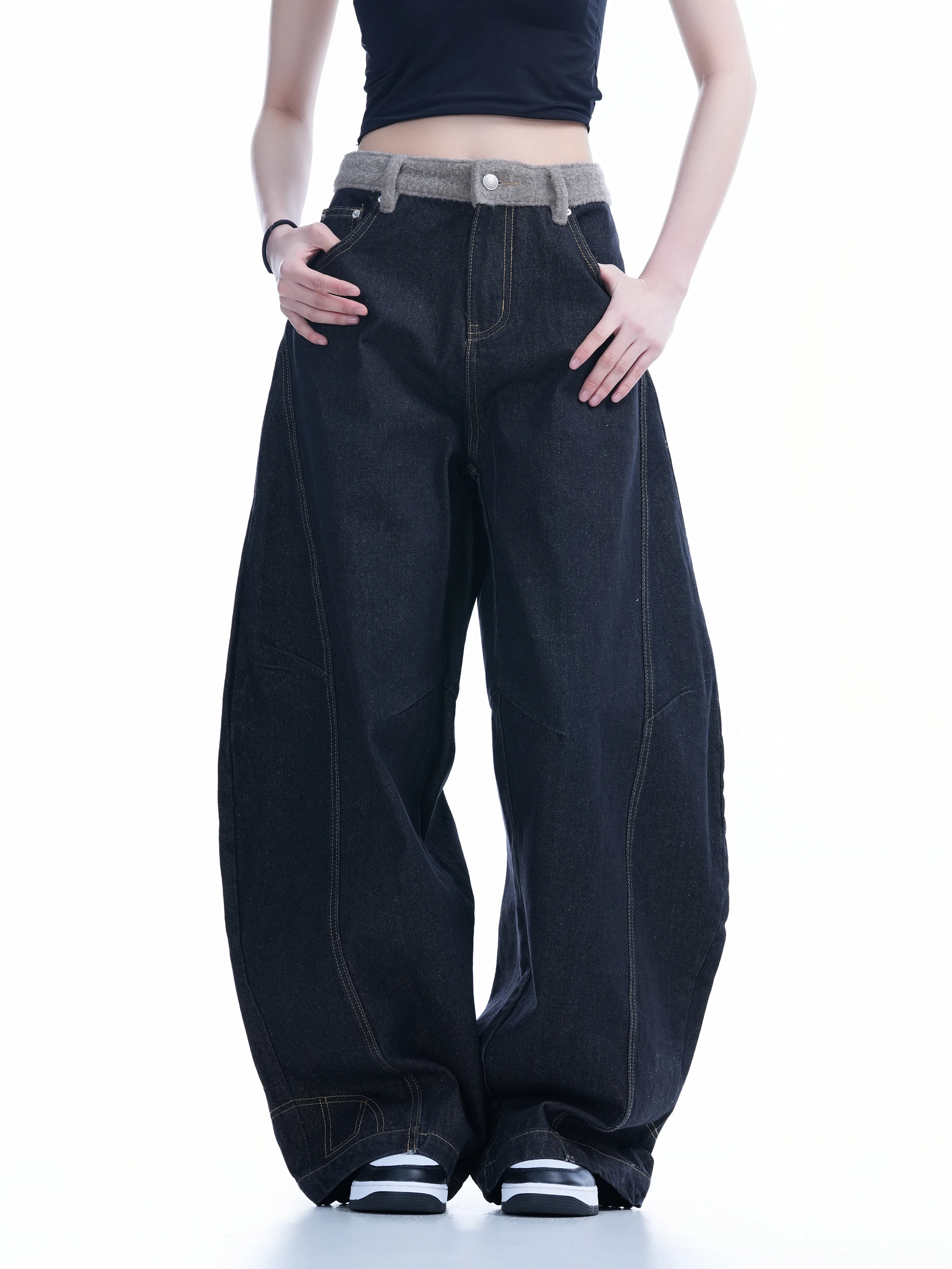 

Американские ретро сращенные цветные широкие джинсы женские с высокой талией свободные драпированные брюки длиной до пола повседневная одежда джинсовые джинсы