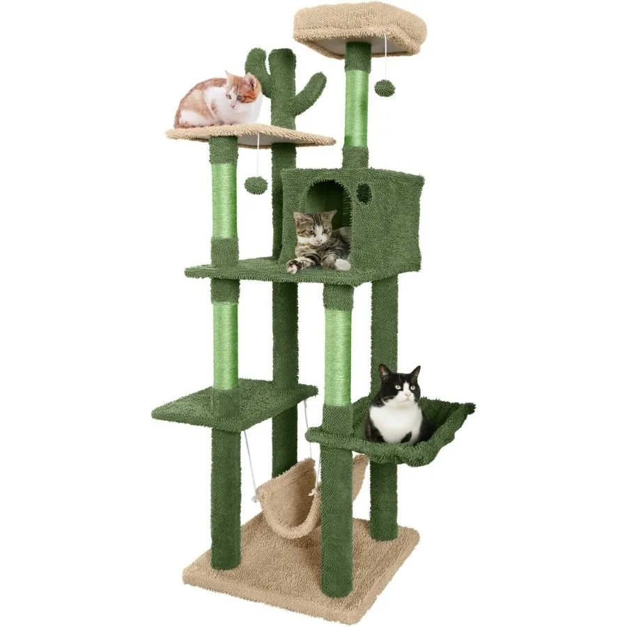 Cactus Cat Tree Multi-Level Cat Activity Tree with Plush Perch Scratching Posts and Ramp Cat Cave Condo for Large Cats and Kitt