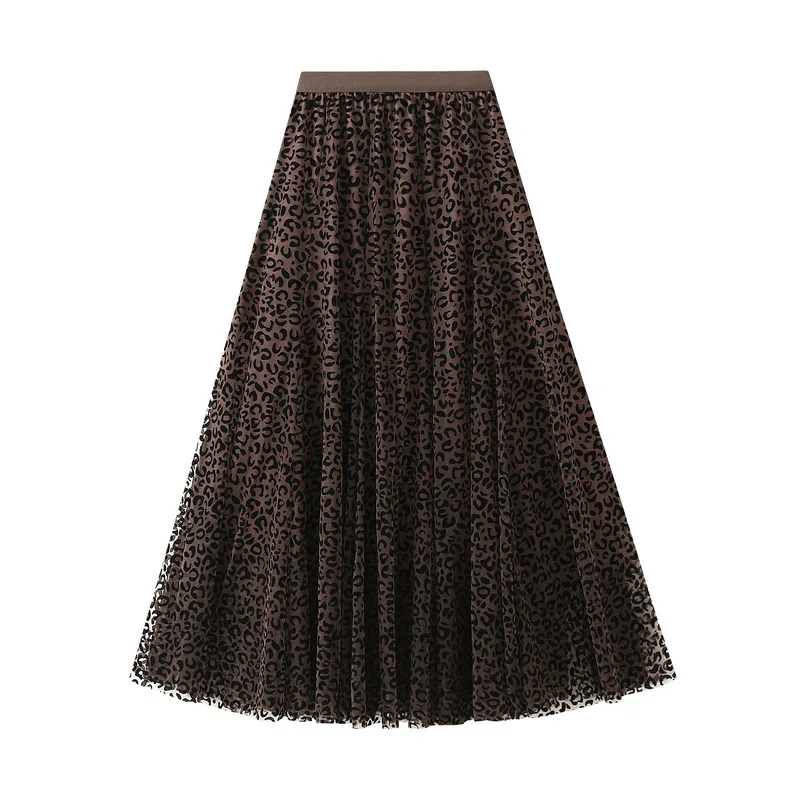 

New In 2025 Women's Spring Autumn Leopard Print Mesh Pleated Long Skirt Trendy High Waist A-line Tulle Elegant Skirts