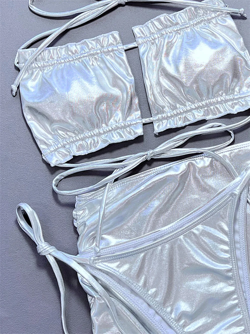 بيكيني فضي لامع مع تنورة، بدلة - مراجعة Swimsuit Bikini Ruched وسعره