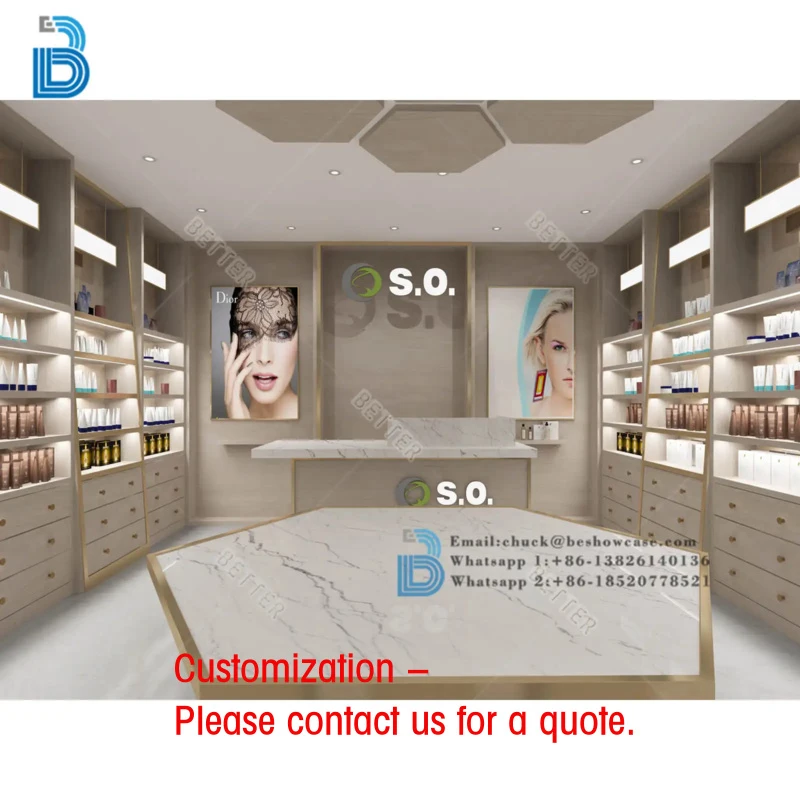 custom.High Quality Custom Cosmetic Showroom Design Wooden Cosmetic Display Stand Shop