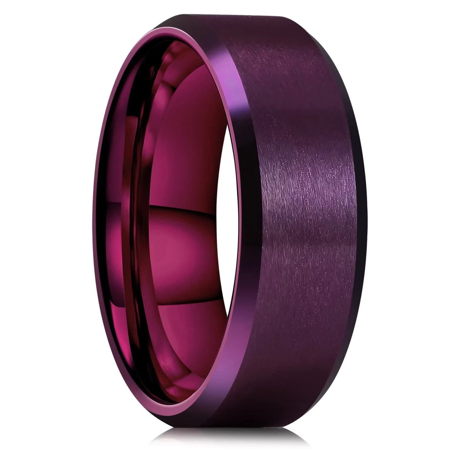 Simple 8mm Purple Stainless Steel Rings For Men Women Purple Matte Finish Beveled Polished Edge Men Rings Wedding Band Jewelry