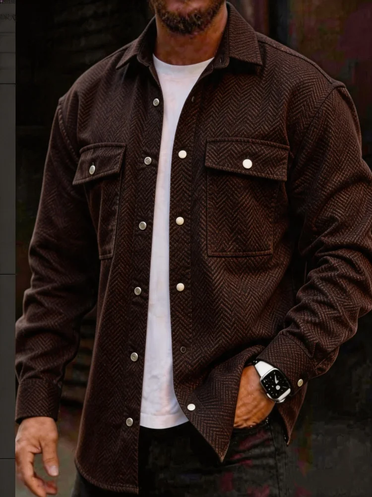 Men's Vintage Brown Herringbone Texture Fake Denim Shirt Long Sleeve Button Up Fashion Casual Top