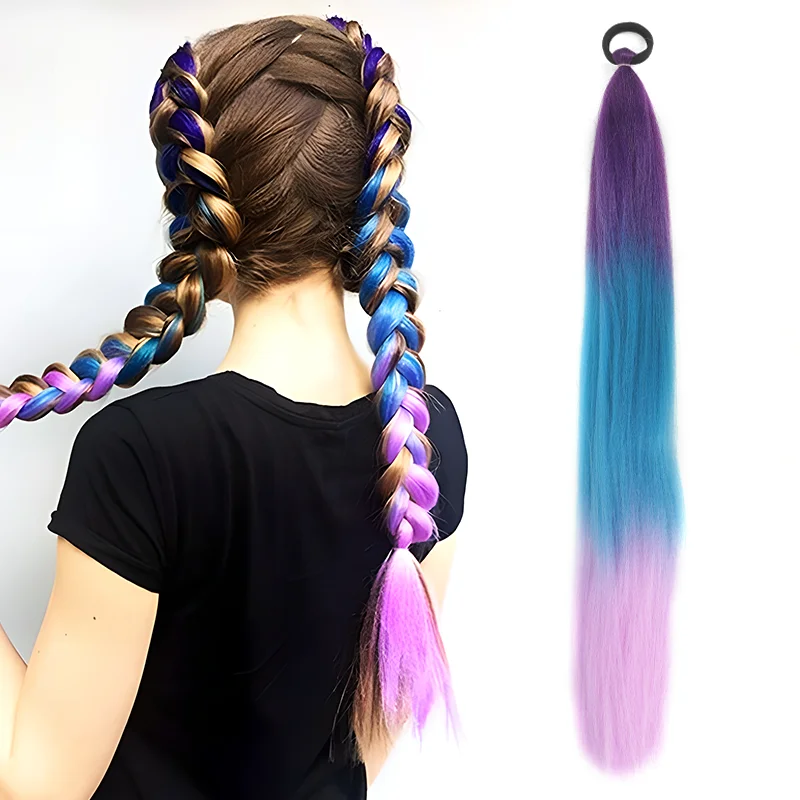LUPU synthetische paardenstaartverlenging met elastische stropdas haarband 26" lange rechte gekleurde vlecht paardenstaart ombre roze paars blauw