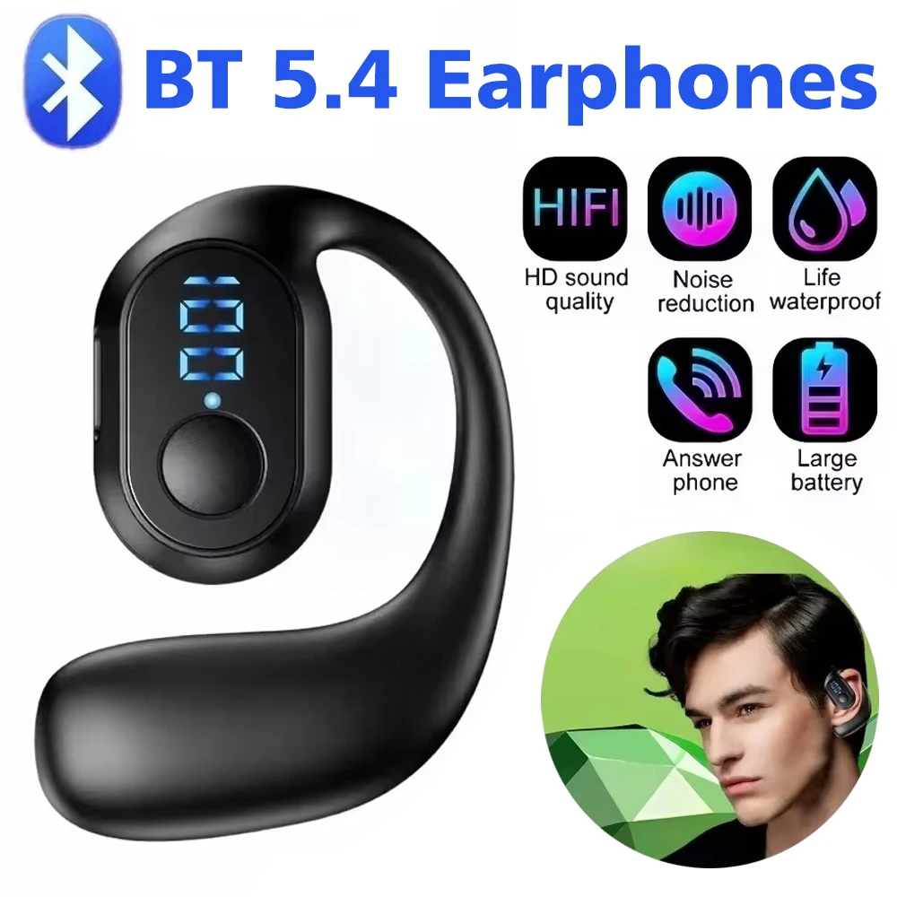 Ear Clip Wireless Earphones Led Power Display Headphones Ultra Long Battery Life Open Ear Headset For Working Sports Gym