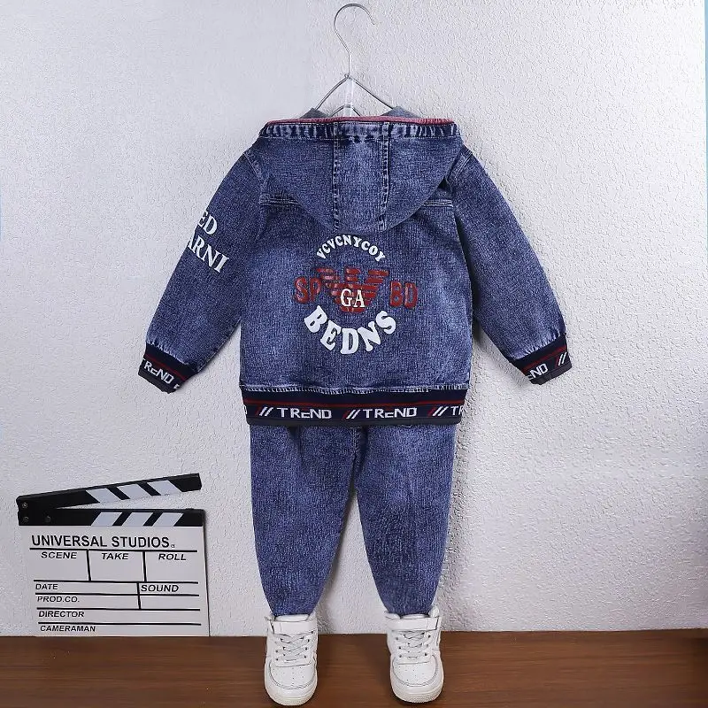 Children Clothes Boy Denim Clothing Sets 2024 Autumn New Fashion Hooded Letters Print 2pcs Jacket & Jeans Suits Top Quality