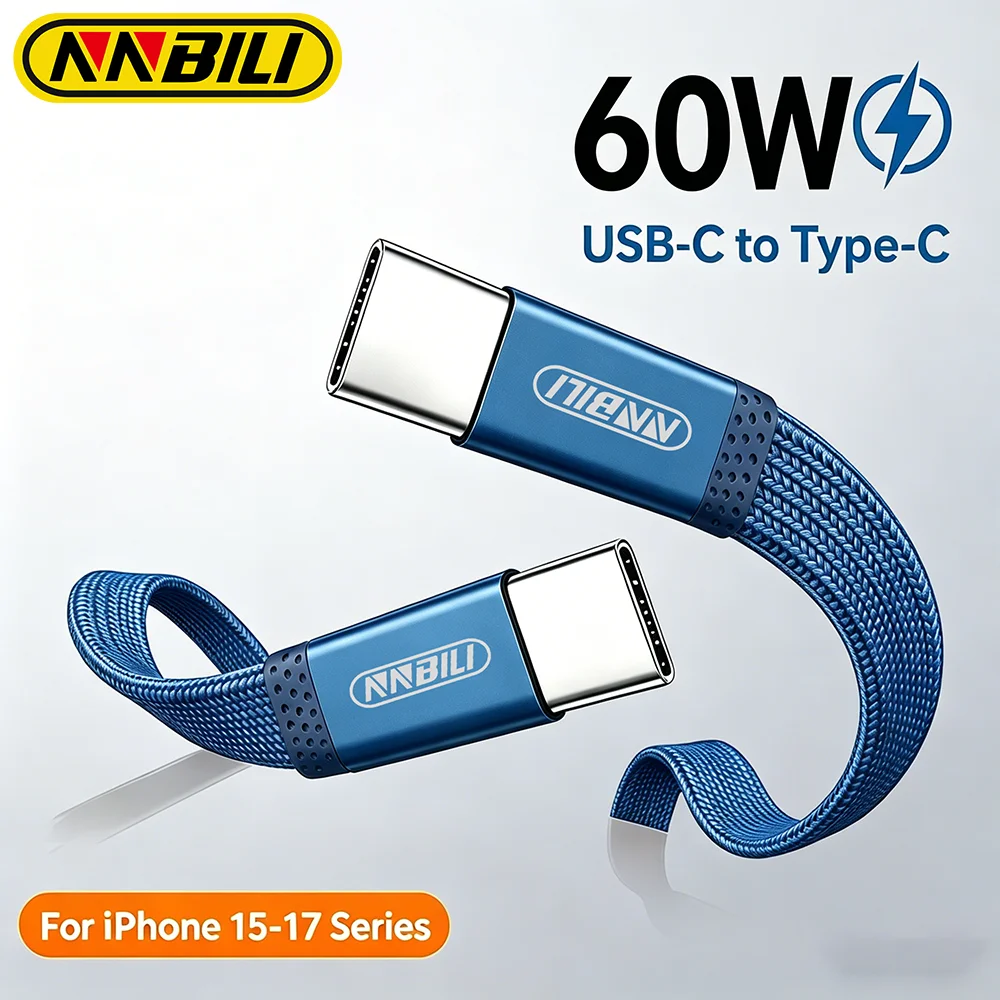 NNBILI PD 60W Flaches Dual-USB-C-Datenkabel, schnelles Laden 3A, USB-C-auf-USB-C-Ladekabel für iPhone 17 Pro, Samsung S26, MacBook