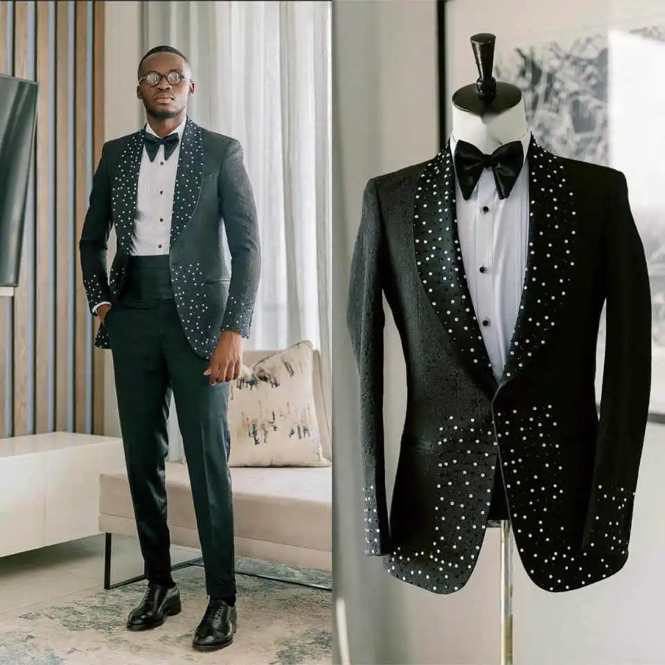 

Luxurious Men Suits Jacquard 2 Pieces Crystals Shawl Lapel Pant Sets One Button Formal Occasion Custom Made