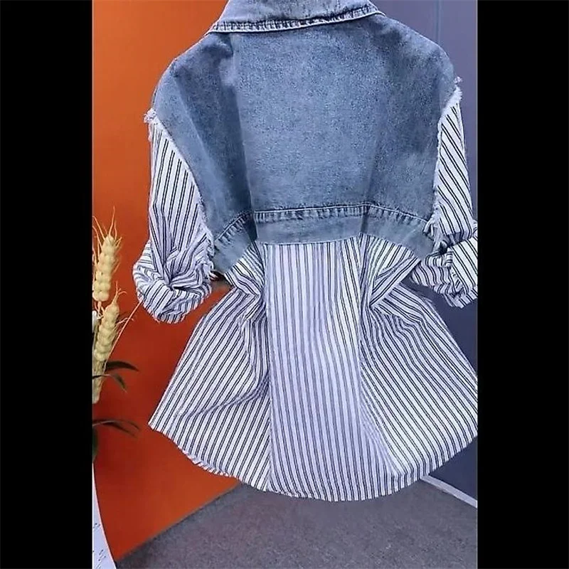 Long Short fake two-piece Fashion Striped Denim Jacket 2024Women\'s Spring/Summer Stitching Women Jackets Temperament Coat jacket