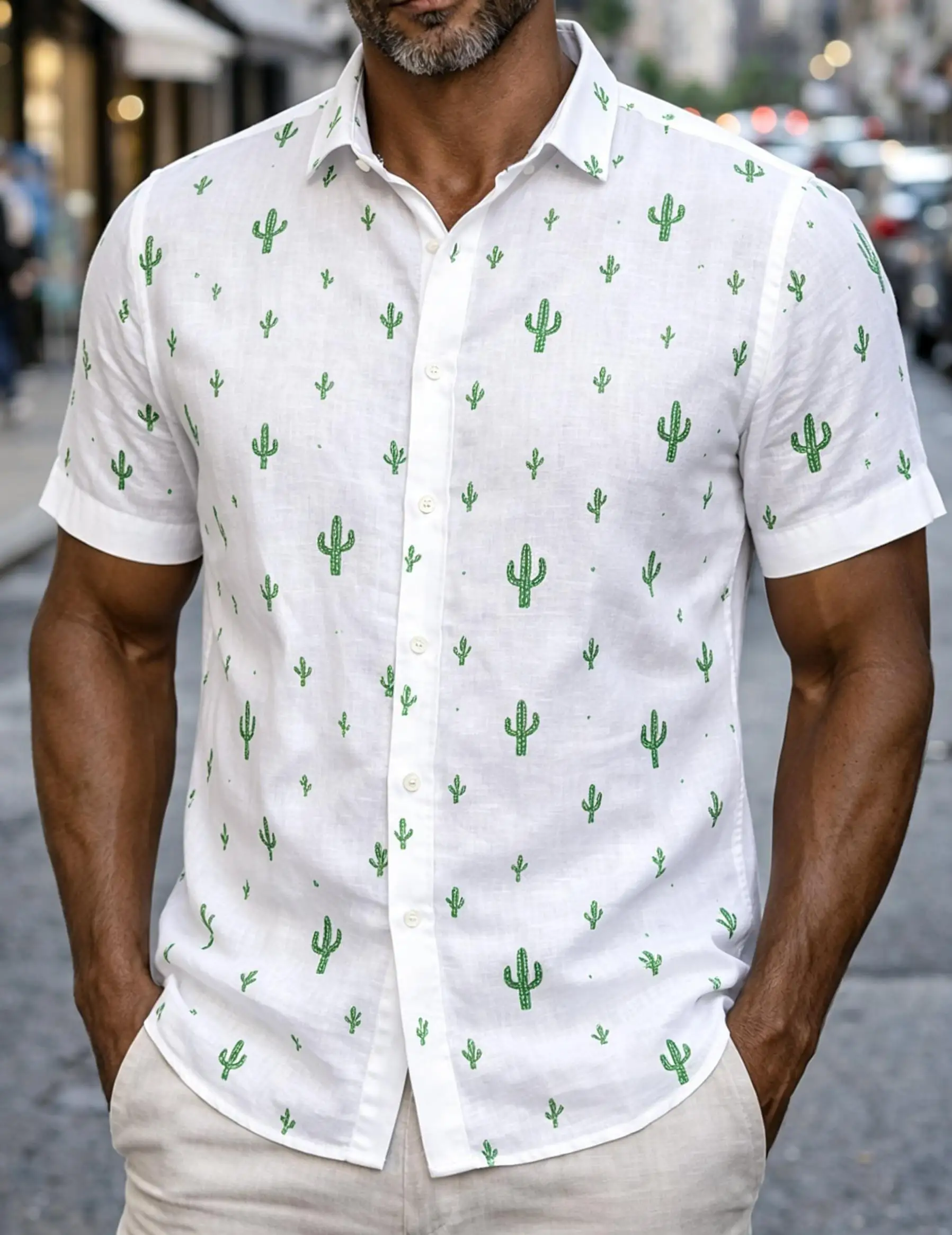 

Men's Cactus Print Short Sleeve Shirt, Casual Button Down Tops, Fresh Nature Style For Daily Wear Spring & Summer