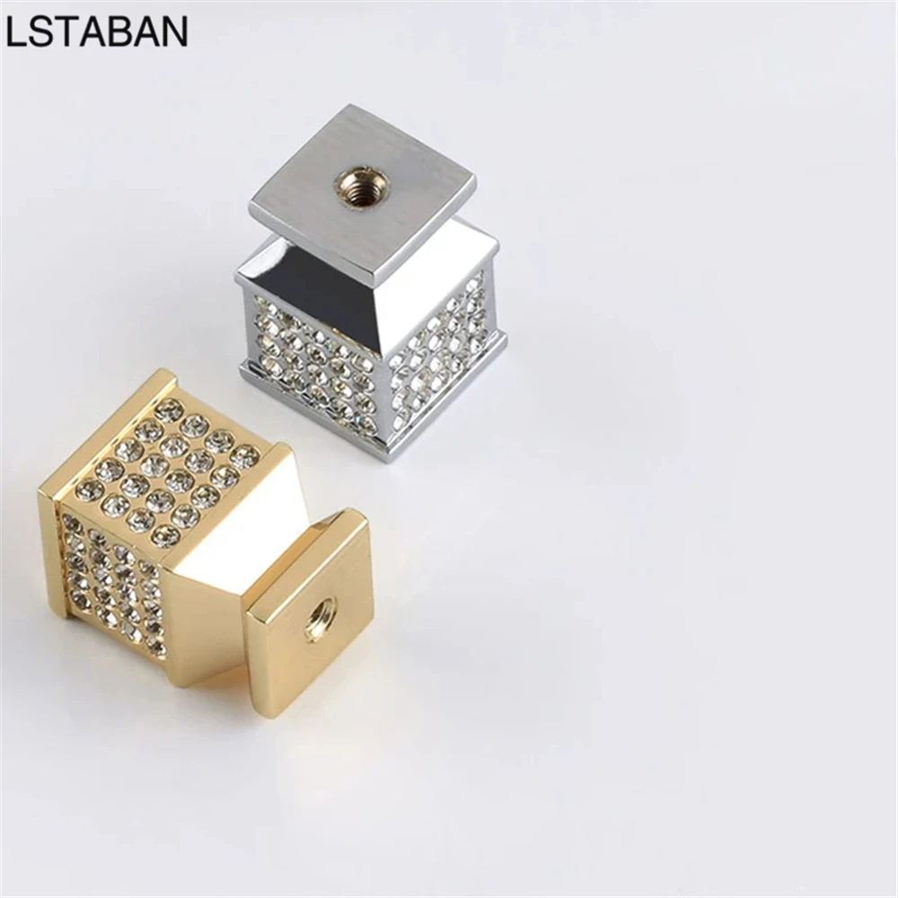 Light Luxury Diamond Cabinet Handle K Gold Crystal Door Knob Zinc Alloy Gem Round Square Shining Drawer Wardrobe Push Pull Knobs