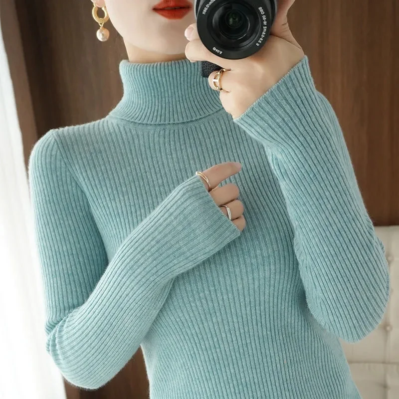 Autumn Winter Female High Collar Draw A Strip Sweater Lady Solid Color Pullover Knitting Women Long Sleeved Thickening Knitwear