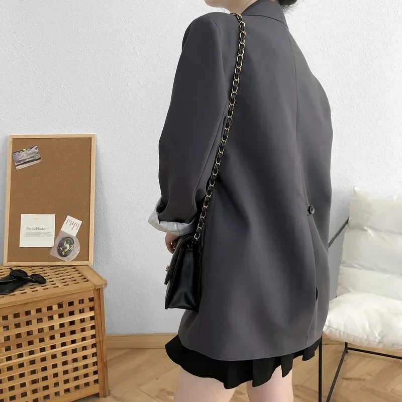 Long Sleeve Korean Chic Brown Blazers Solid Colors Loose Suits Single Breasted Women Bf Casual Blazer Office Lady Work Clothing