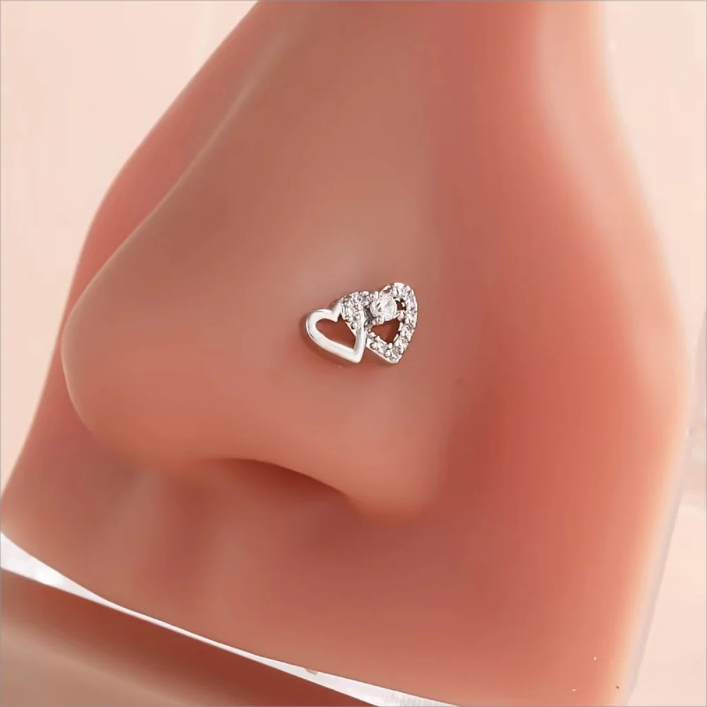 

1pc Double Love Heart Nose Stud Ring Inlaid Shiny Zircon Versatile L Rod Nose Piercing Jewelry