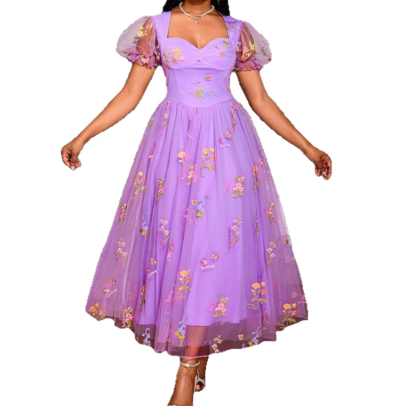 

Women A Line Tulle Purple Floral Embroidered Dresses Sweetheart Neck Puff Short Sleeves Elegant for Party Home Coming Event New