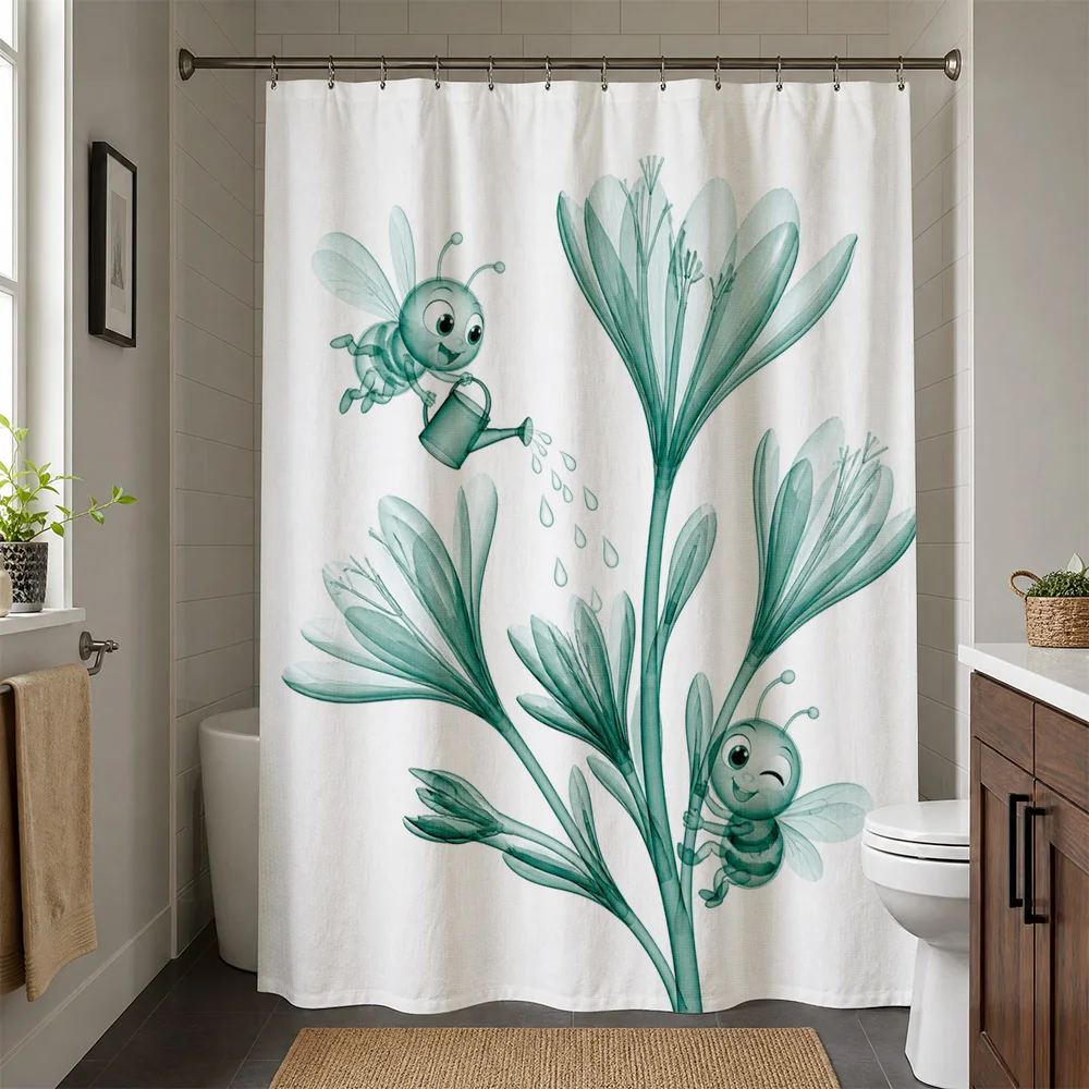 Cute Cartoon Insect Botanical Pattern Shower Curtain Waterproof Bathroom Decor Jungle Leaves Teal Nature Animal Prints Shower Cu