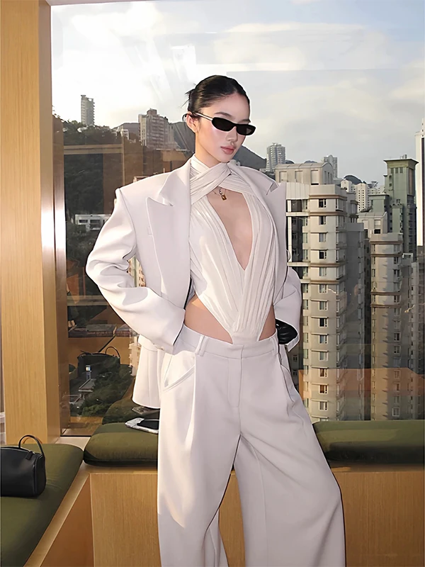 

Женский костюм с V-образным вырезом и перекрестными деталями, облегающий крой, новинка ранней весны, модные брюки с высокой талией для офиса