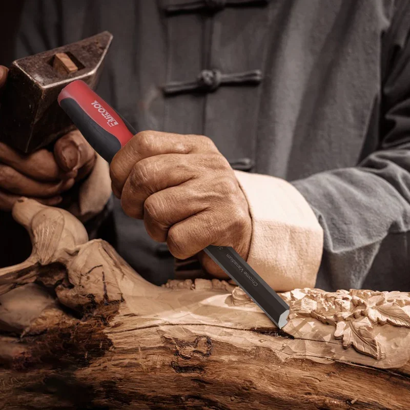 مجموعة إزميل الخشب الكروم الفاناديوم الصلب نحت حاد حافة شطبة قبضة لينة لنحت النجارة مع حقيبة لفة 4 قطعة