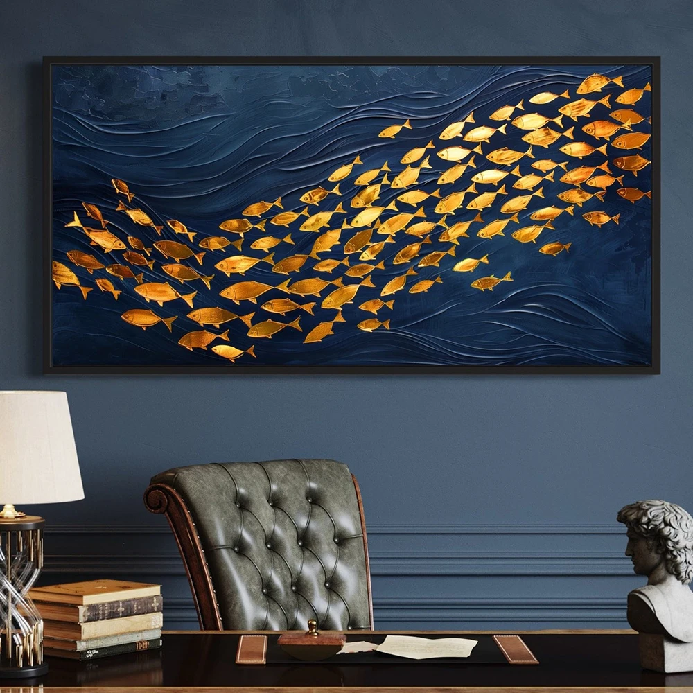 1 Stück rahmenlose moderne Luxus-Kunstposter, Drucke, marineblauer Ozean, goldene Fischschwarm-Leinwandmalerei, modernes Strandhaus, Wohnzimmer