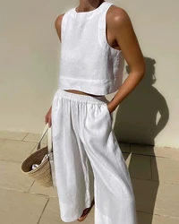 Cotton And Linen Pant Sets Women Sleeveless Leace-up Short Tops Drawstring Long Pants Two Piece Set Commuting 2023 Summer New