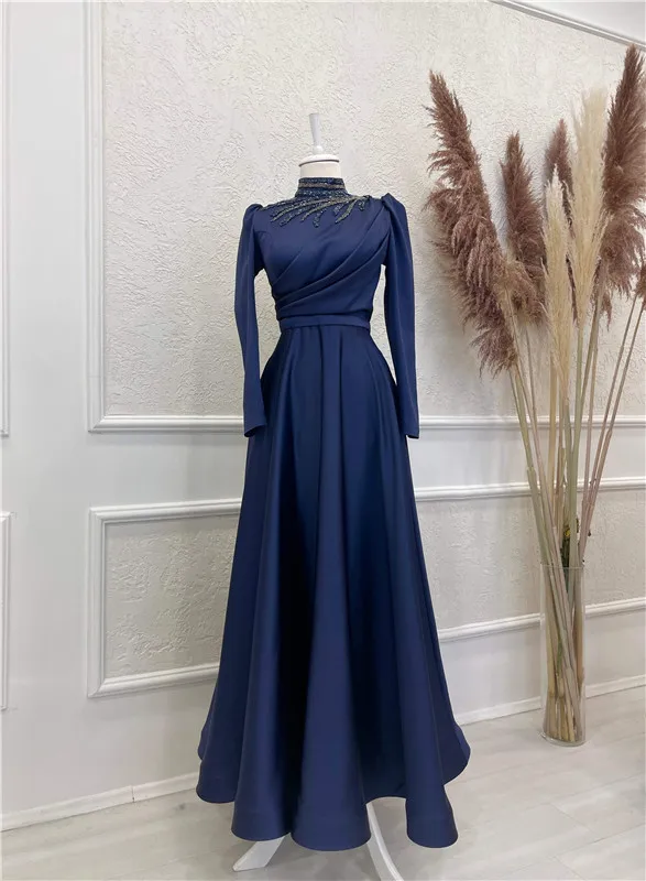 

Satin Beaded Appliques Hijab Full Sleeve Muslim Evening Dresses Arabic Dubai Prom Formal Party Gowns High Neck Robe De Soiree