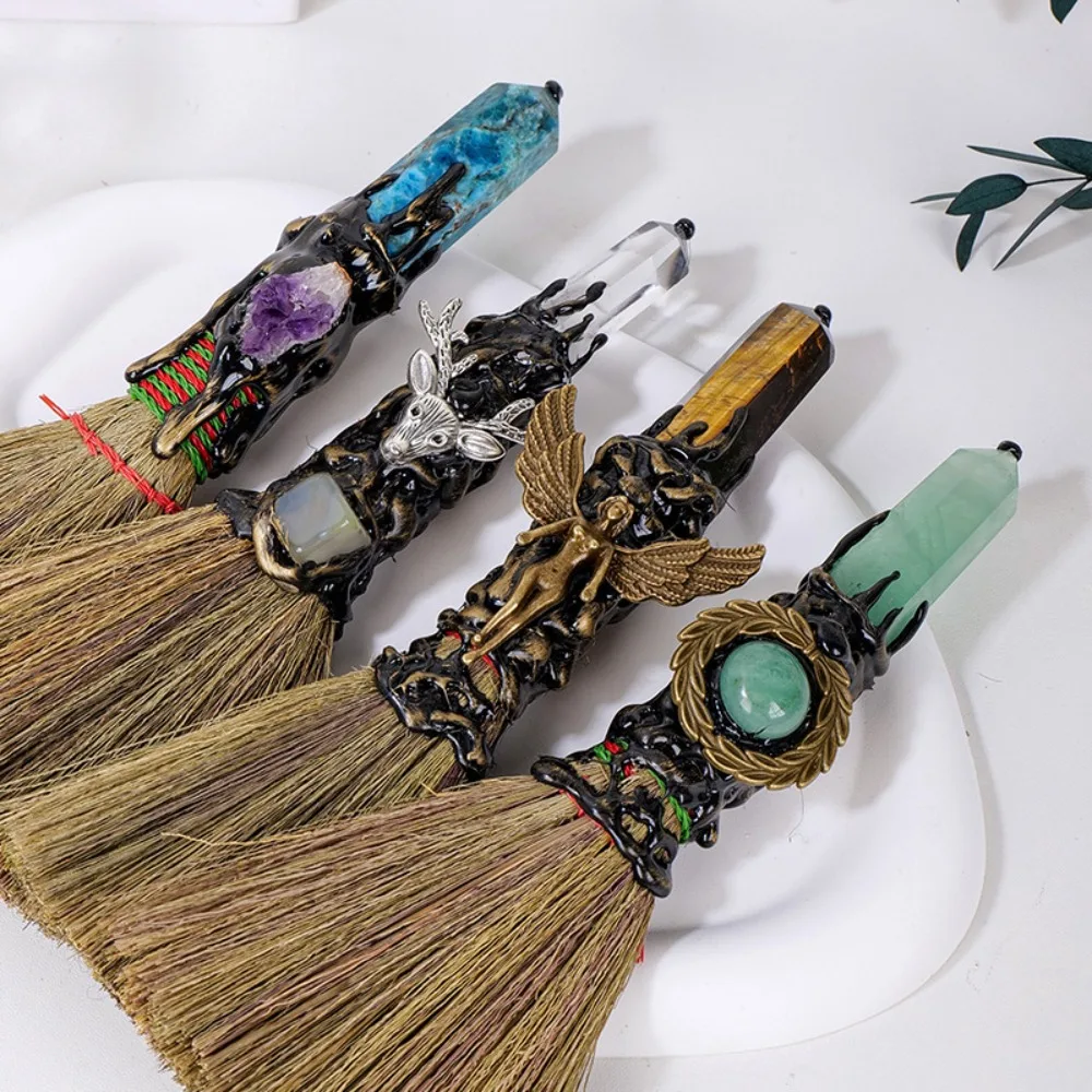 Exquisite Natural Crystal Column Point Stone Broom Handmade Mini Witch Broom Ornaments Rough Stone Broom Craft Psychic