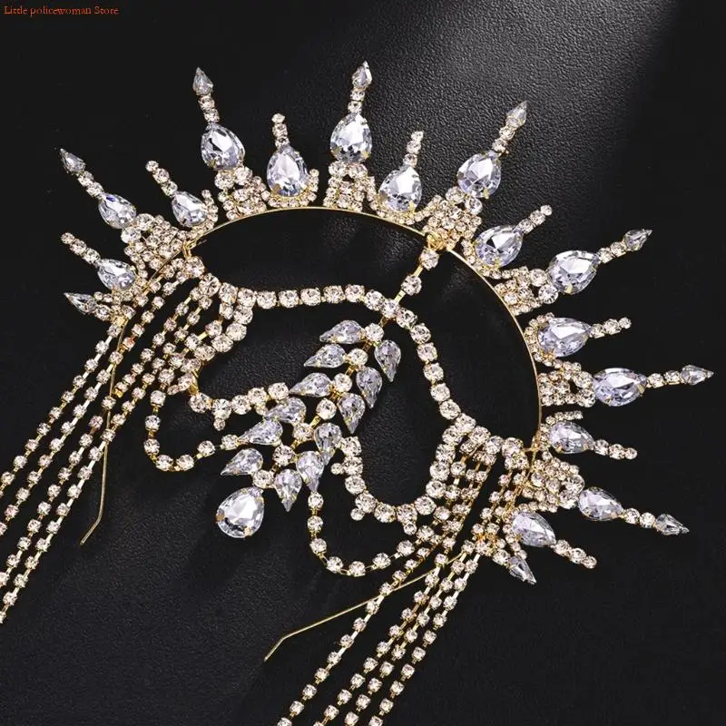 

F92D Sparkling Rhinestones Tassels Crowns with Fringed Hairband for Women Special Event