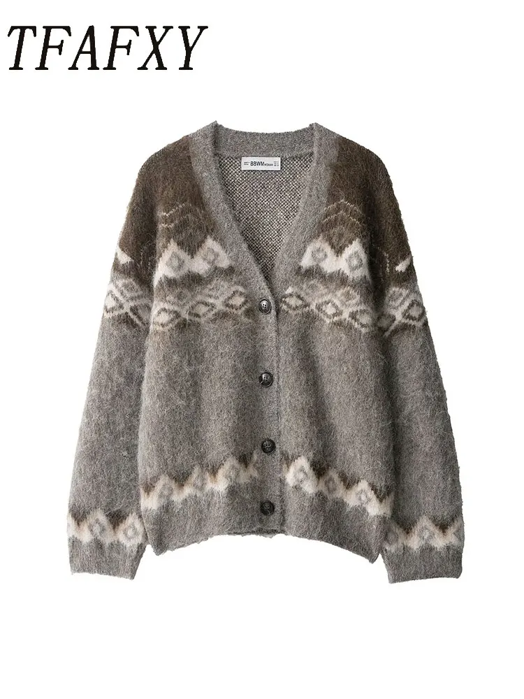 

TFAFXY женский 2022, осенне-зимний новый свитер в винтажном стиле, кардиган для свободных однобортных вязаных курток с длинными рукавами и принтом