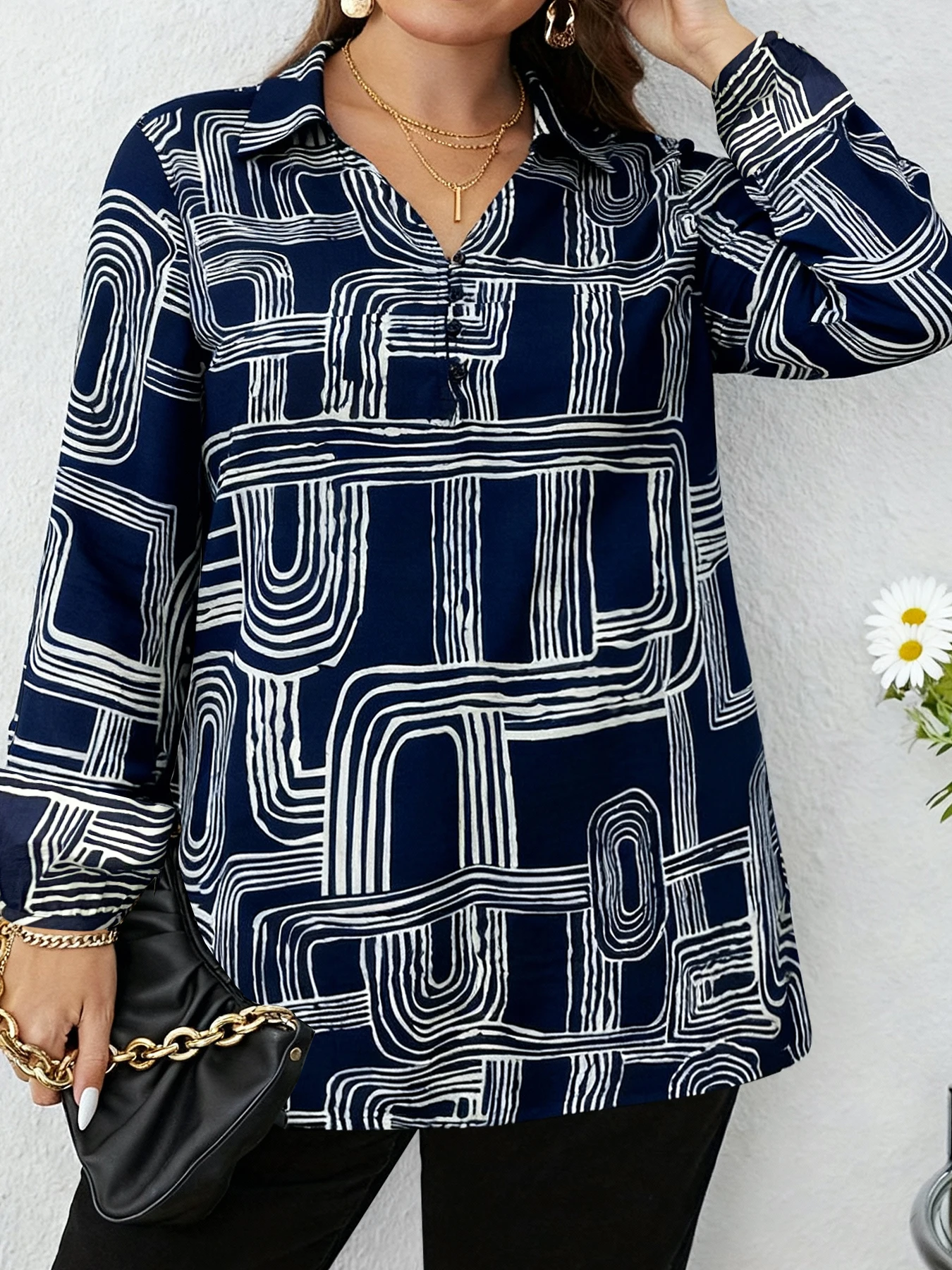 

Plus Size Women's Navy Geometric Print Collared Buttoned Long Sleeve Tunic Top Casual Slimming Daily Shirt