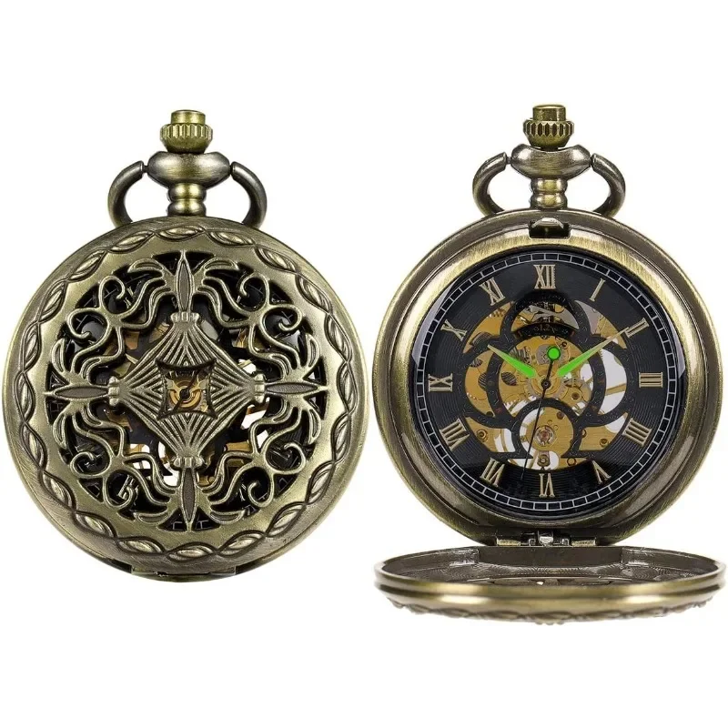 Vintage Black Mechanical Hollow Hunter Hand Wind Pocket Watch Luminous Pointer with Chain for Men