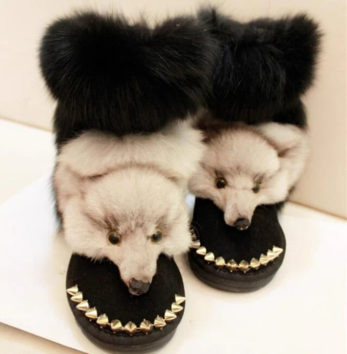 

Fashion Fox Head Front Real Fox Fur Rivets Studs toe Snow Boots Black Suede Plush Fur Inside Winter Boots Girl's Mid Boots