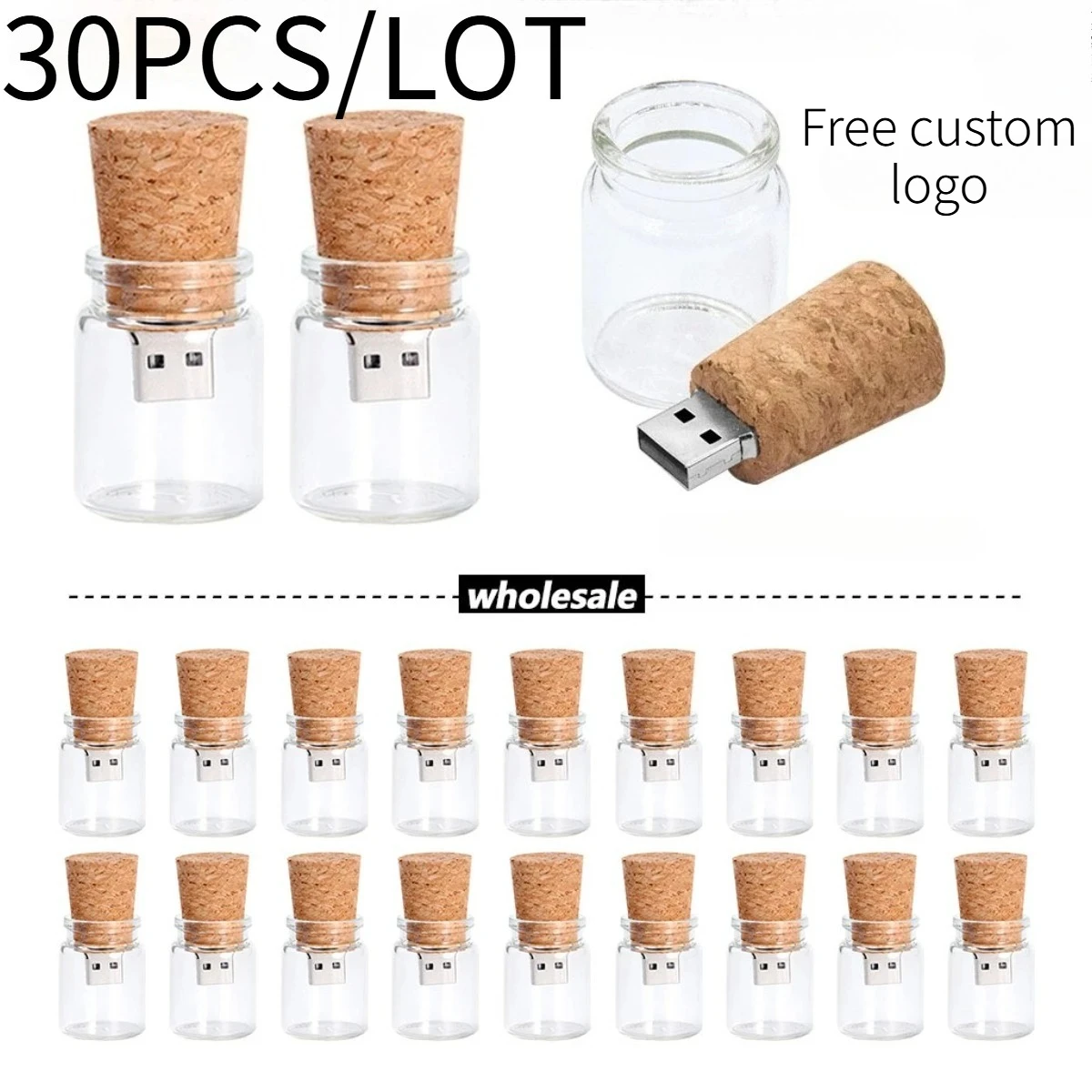 

30 шт. Новинка: USB-флешки в виде стеклянных бутылок-сувениров с деревянной пробкой, USB 2.0, 16 ГБ, 32 ГБ, 64 ГБ