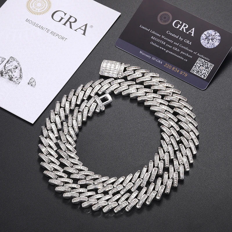 14K 14mm 18K Yellow Gold Plated 925 Sterling Silver VVS Baguette Moissanite Diamond Iced Out Cuban Link Chain Necklace.