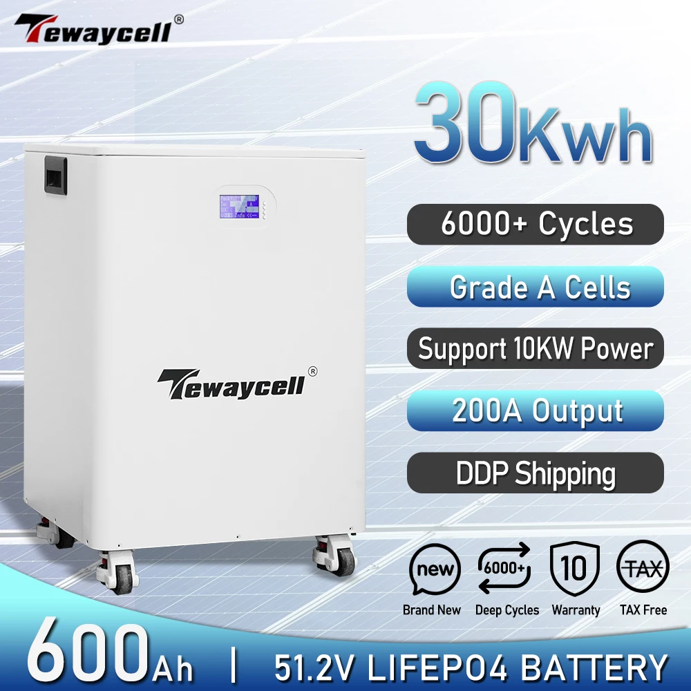 Tewaycell 30KWh 20KWh 51.2V Lifepo4 Battery 600Ah 400Ah 51.2V Powerwall 6000+Cycles 16S BMS Mobile ESS Solar System NO TAX